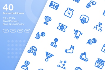 40 Basketball Icons Set - Blue Lineal Color