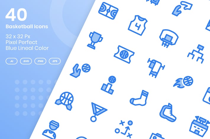 40 Basketball Icons Set - Blue Lineal Color