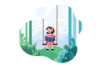 Cute girl swinging and reading a book