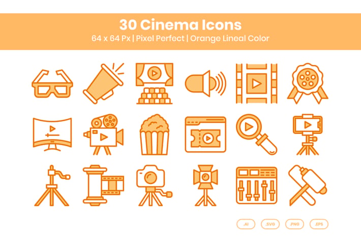 30 Cinema Icons Set - Orange Lineal Color