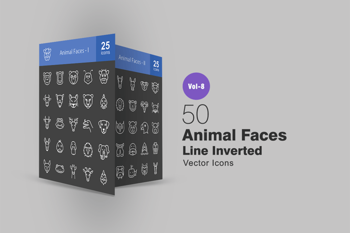 50 Animal Faces Line Inverted Icons
