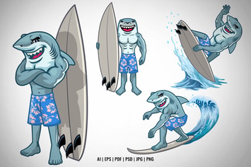 Set of Cartoon Great White Shark Surfing Character