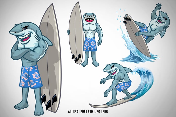 Set of Cartoon Great White Shark Surfing Character