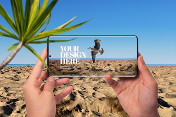 Hands Holding Phone Mockup Landscape Beach Nature