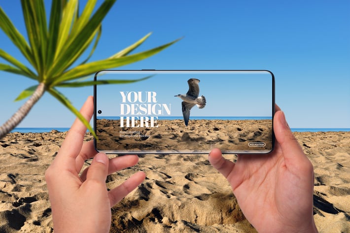 Hands Holding Phone Mockup Landscape Beach Nature