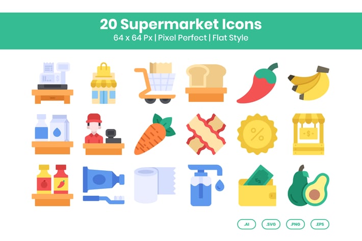20 Supermarket  Icons Set - Flat