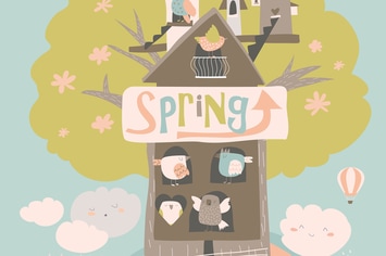 Cute little birds and birdhouse on spring tree. Ve