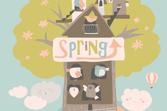 Cute little birds and birdhouse on spring tree. Ve