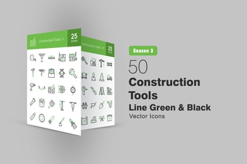 50 Construction Tools Line Green & Black Icons