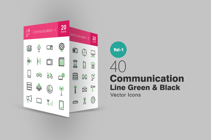 40 Communication Line Green & Black Icons