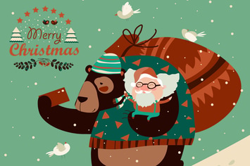 Funny bear taking selfie with happy Santa Claus