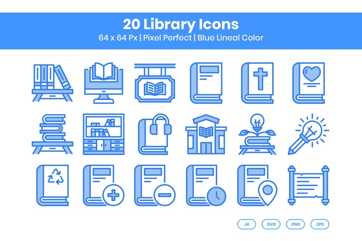 20 Library Icons Set - Blue Lineal Color