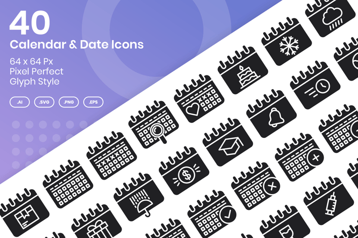 40 Calendar & Date Icons Set - Glyph