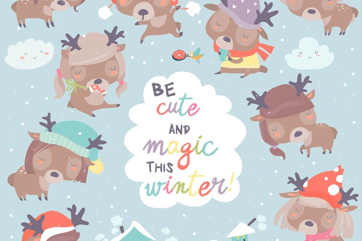 Set with cute little deers on winter background. 