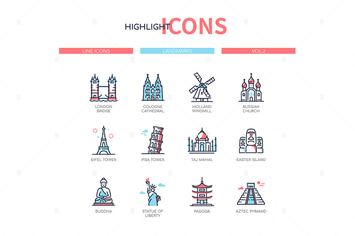 World famous landmarks - line design style icons