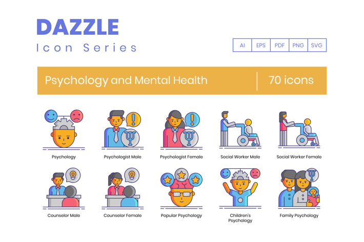 70 Psychology and Mental Health Line Icons