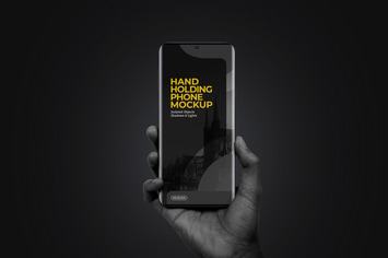Hand Holding Phone Mockup Curved Edge Black Scene