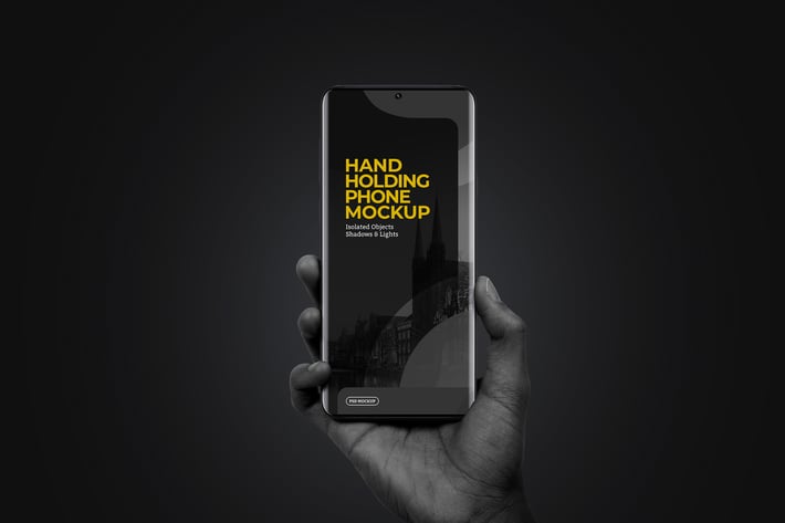 Hand Holding Phone Mockup Curved Edge Black Scene