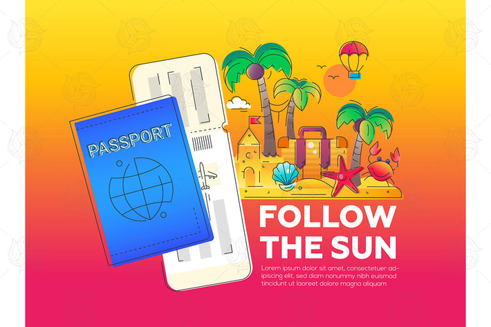 Follow the Sun - vector line travel illustration