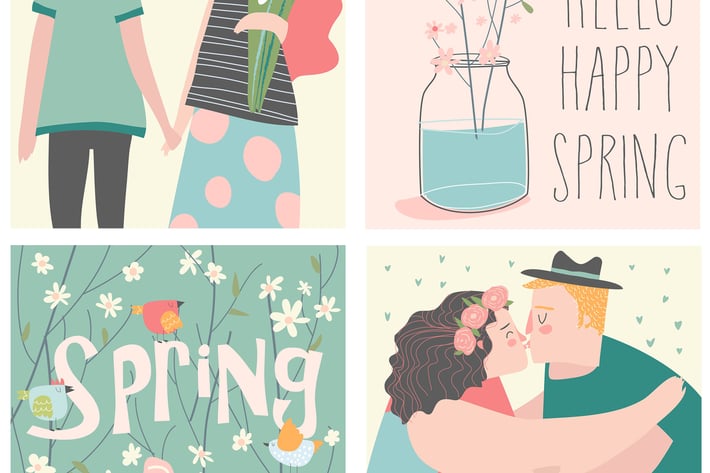 Vector cartoon set of couples in love and spring e