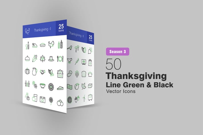 50 Thanksgiving Line Green & Black Icons