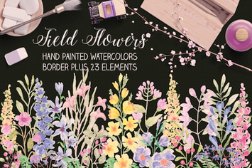Field Flowers: Watercolor Border plus Elements