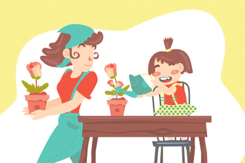 Mom & Daughter Watering Flower