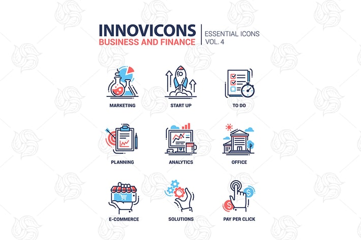 Modern office, business line flat design icons set
