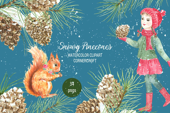 Watercolor Snowy Pinecones 