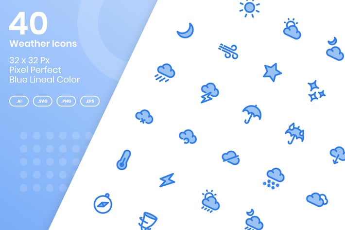 40 Weather Icons Set - Blue Lineal Color