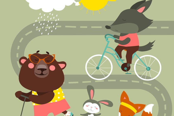 Kids transport collection with cute animals.
