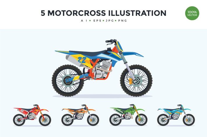 5 Extreme Motorcross Bike Vector Illustration Set 