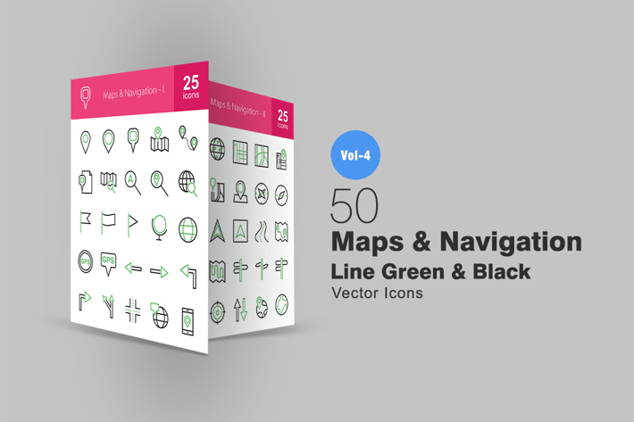 50 Maps & Navigation Line Green & Black Icons