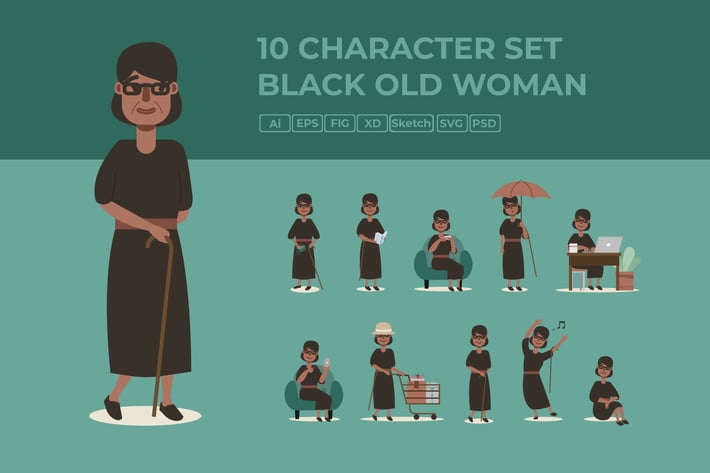 Slim Black Old Woman - Character Set