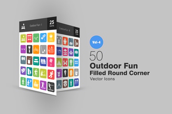 50 Outdoor Fun Flat Round Corner Icons