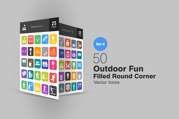 50 Outdoor Fun Flat Round Corner Icons