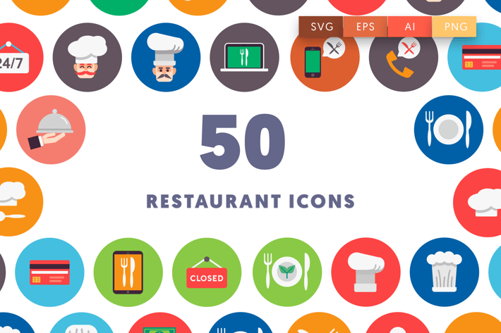50 Restaurant Flat Icons