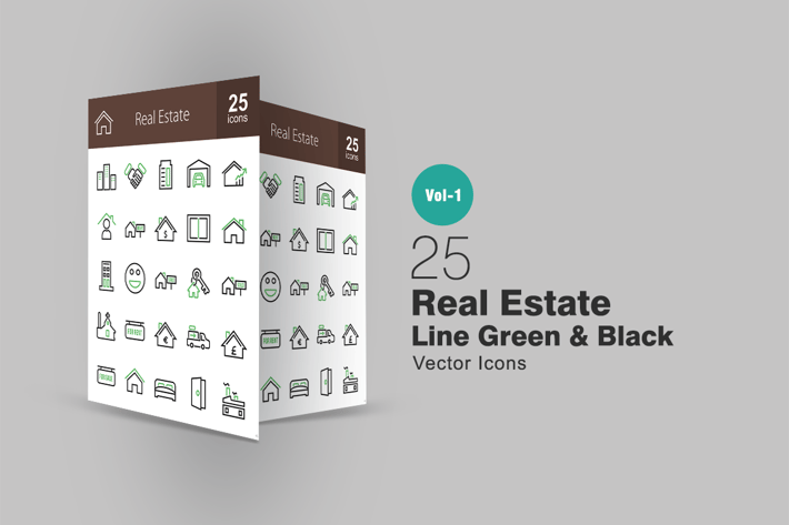 25 Real Estate Line Green & Black Icons