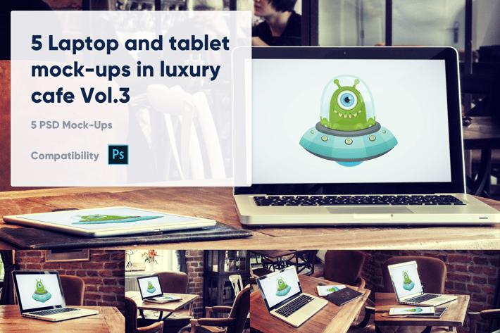 5 Laptop and tablet mock-ups in cafe Vol. 3