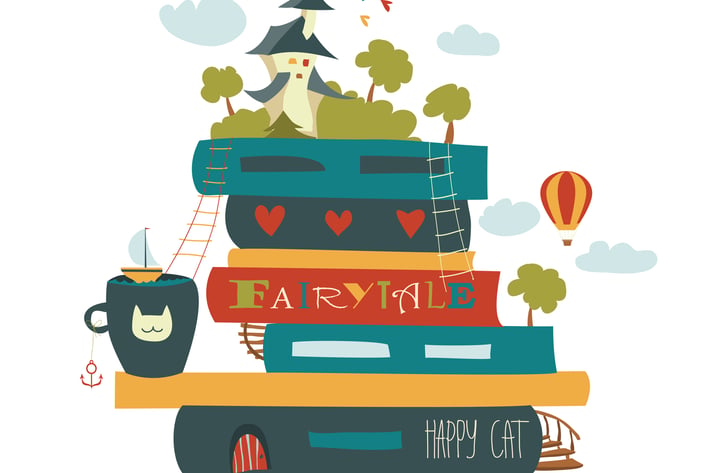 Fairytale concept with book and medieval castle