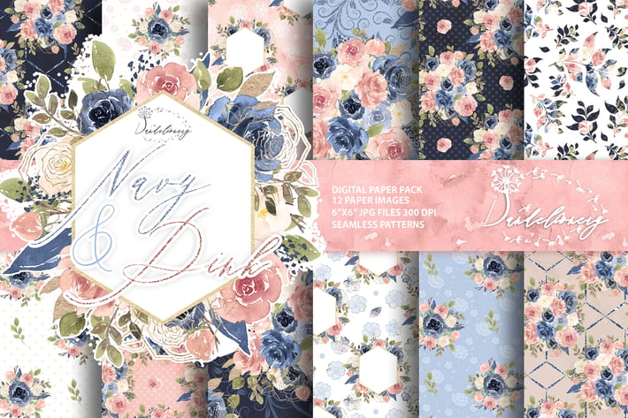 Watercolor Navy and Pink digital paper pack