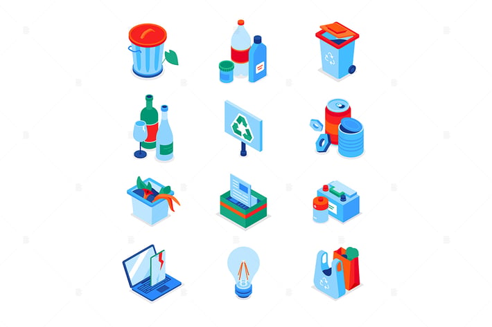 Waste sorting - modern colorful isometric icons