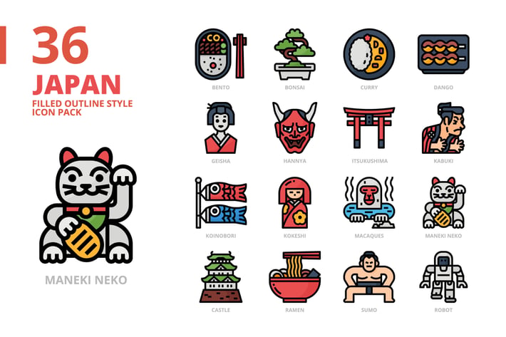 Japan Filled Outline Style Icon Set