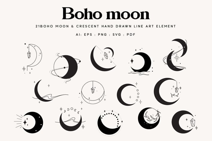21 Celestial Boho moon illustration element