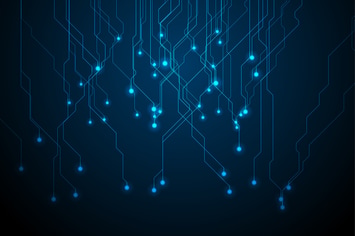 Abstract neon blue tech circuit board lines