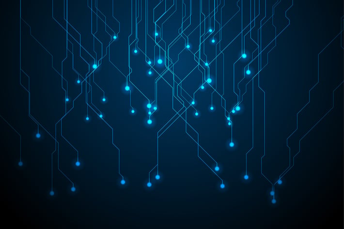 Abstract neon blue tech circuit board lines