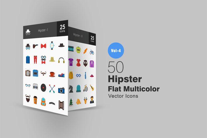 50 Hipster Flat Multicolor Icons