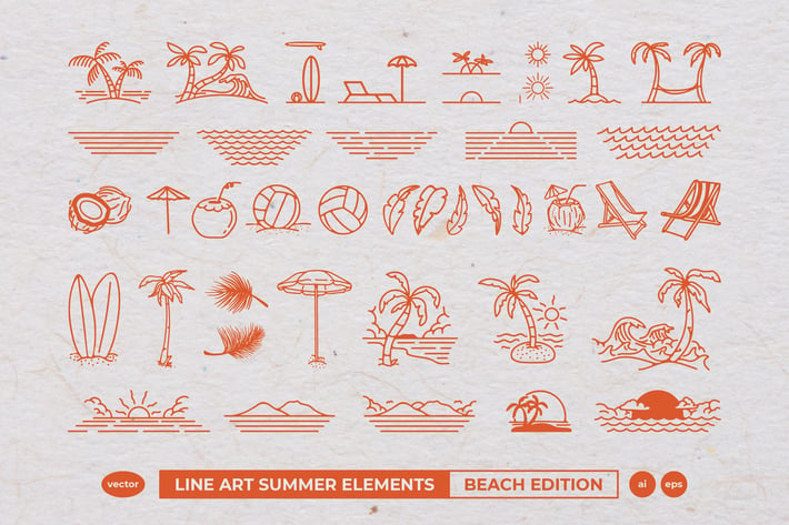 Line Art Summer Elements : Beach Edition