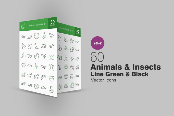 60 Animals & Insects Line Green & Black Icons