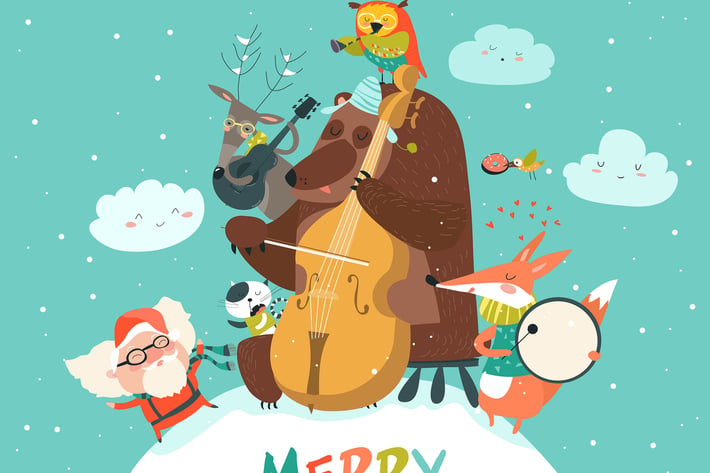 Vector Merry christmas card with animals, Santa 